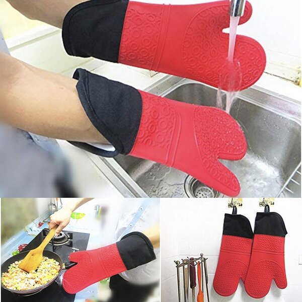 Manusa de bucatarie Pufo Simple din silicon pentru gratar sau cuptor, captusita, 37 cm, rosu/negru