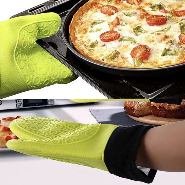 Manusa de bucatarie Pufo Simple din silicon pentru gratar sau cuptor, captusita, 37 cm, verde/negru