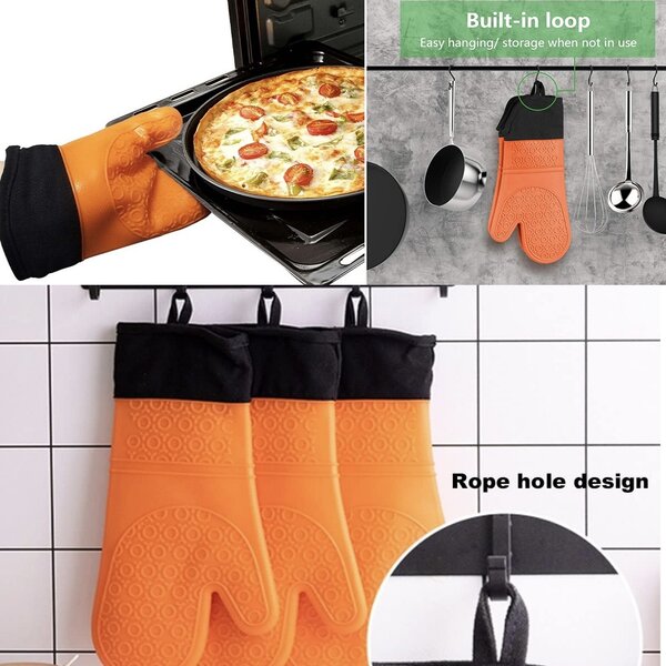 Manusa de bucatarie Pufo Simple din silicon pentru gratar sau cuptor, captusita, 37 cm, portocaliu/negru