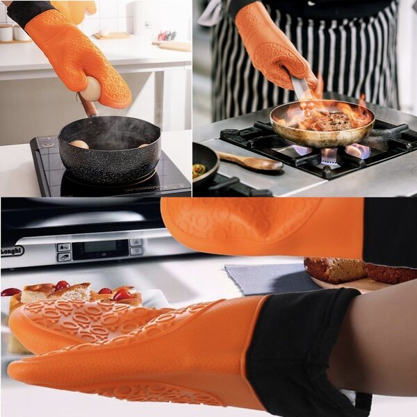 Manusa de bucatarie Pufo Simple din silicon pentru gratar sau cuptor, captusita, 37 cm, portocaliu/negru