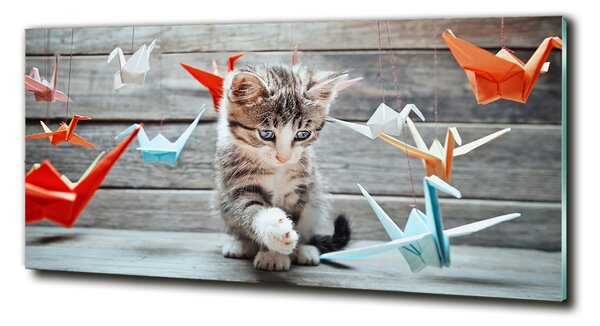 Fotografie imprimată pe sticlă Cat cu păsări de hârtie