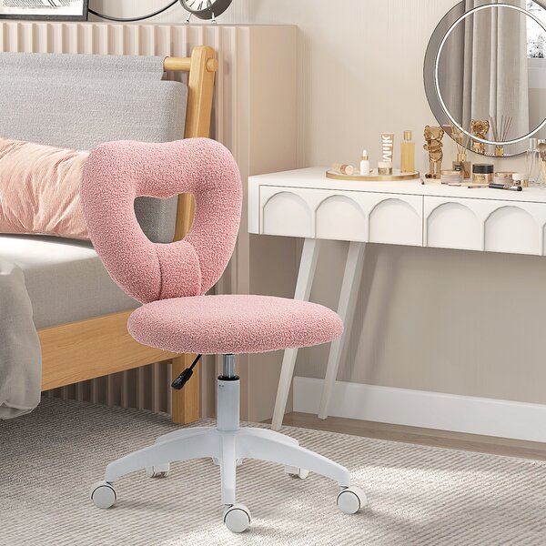 HOMCOM Scaun de Birou Rotativ cu Spătar în Formă de Inimă, Înălțime Reglabilă, Țesătură Teddy, 45x56x78-88 cm, Roz | Aosom Romania