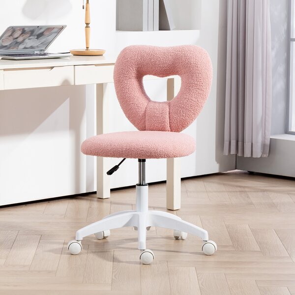 HOMCOM Scaun de Birou Rotativ cu Spătar în Formă de Inimă, Înălțime Reglabilă, Țesătură Teddy, 45x56x78-88 cm, Roz | Aosom Romania