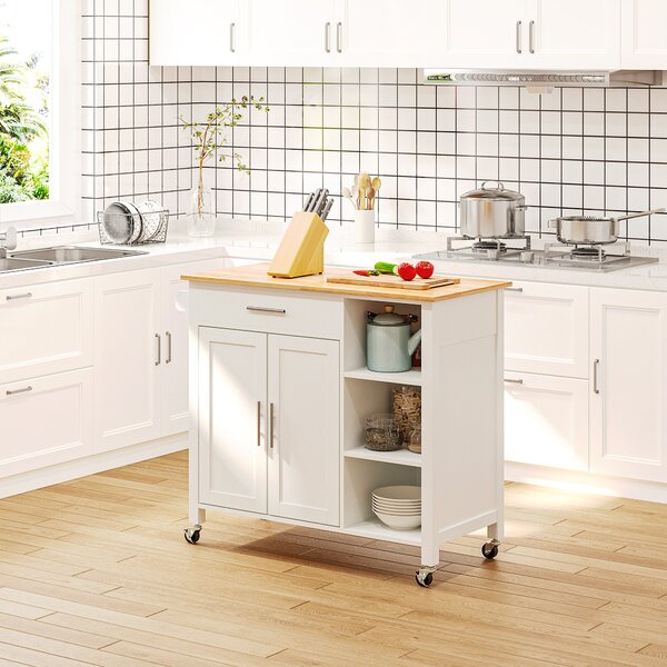 HOMCOM Carucioare de bucatarie cu 4 roți, 3 rafturi, pentru sufragerie, din MDF, Lemn și Cauciuc, 107.5x48x89 cm, Alb | Aosom Romania