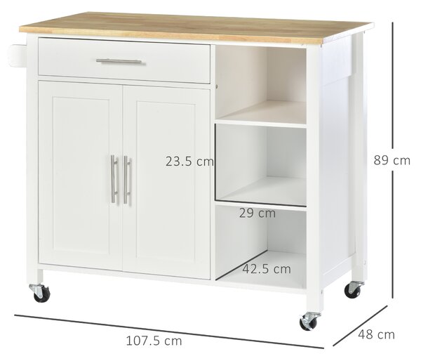 HOMCOM Carucioare de bucatarie cu 4 roți, 3 rafturi, pentru sufragerie, din MDF, Lemn și Cauciuc, 107.5x48x89 cm, Alb | Aosom Romania