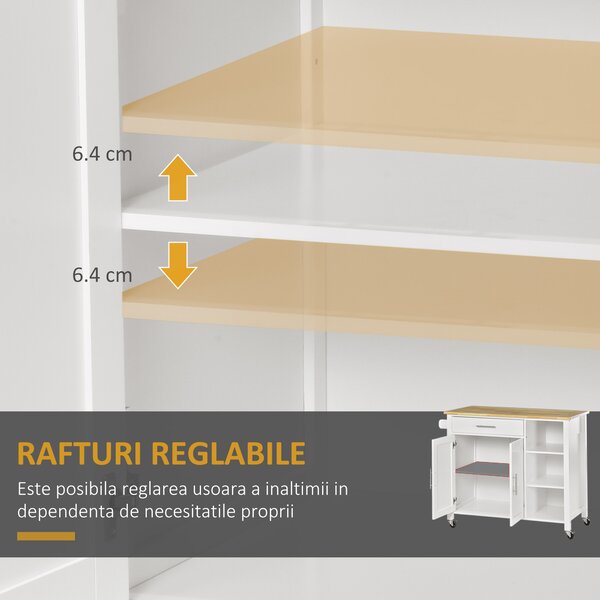 HOMCOM Carucioare de bucatarie cu 4 roți, 3 rafturi, pentru sufragerie, din MDF, Lemn și Cauciuc, 107.5x48x89 cm, Alb | Aosom Romania