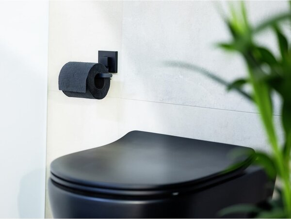 Suport pentru hârtie igienică negru autoadeziv din oțel inoxidabil Quadro – Wenko