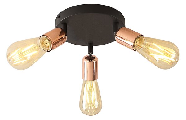 Plafonieră Industrială Klausen Straight PL3, 3xE27, Metal Negru cu Cupru, 12.5x30.5x30.5 cm, Design Modern pentru Tavane Joase, Eficientă