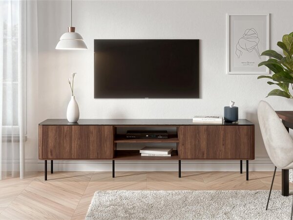 Comodă TV Miravio 106, Marmură neagră, Nuc, PAL laminat, MDF, 55x200x40cm, 42 kg
