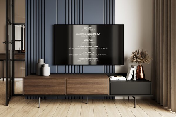 Comodă TV Zenar 200 cm cu picioare metalice și sertar - nuc elegant / negru