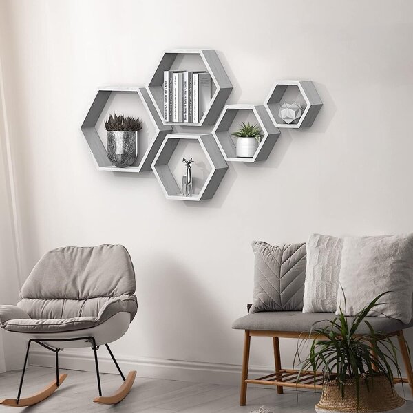 Set 5 rafturi hexagonale din lemn cu prindere ascunsa, Austin, alb