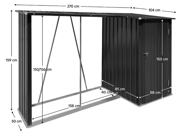 KONDELA şopron din lemn cu şopron, 270x104x159 cm, antracit, ARPOL TYP 2
