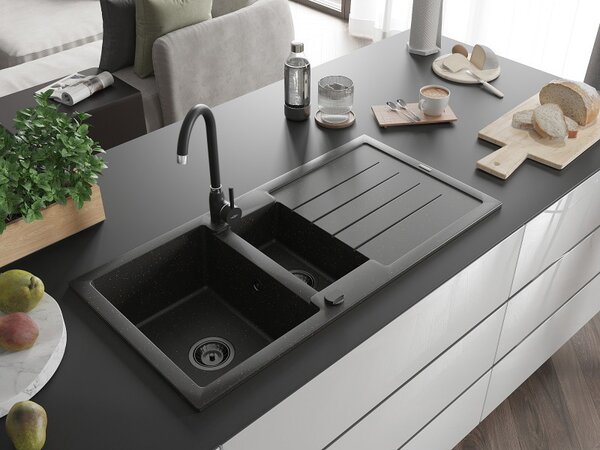 Mexen Andres, chiuveta granit 1000x500x200 mm, 1,5 camere, negru cu auriu metalic si sifon negru, 6515101510-75-B