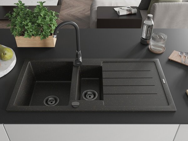 Mexen Andres, chiuveta granit 1000x500x200 mm, 1,5 camere, negru cu auriu metalic si sifon negru, 6515101510-75-B