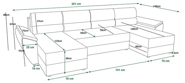 Coltar extensibil in forma de U TAVERO, roz inchis, 321x140 cm