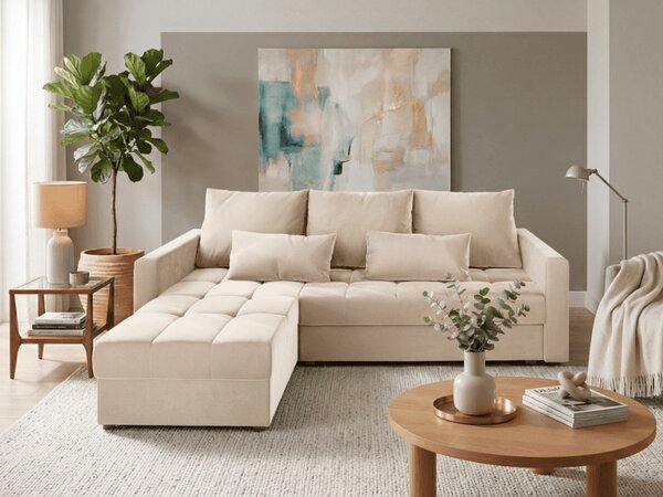 Canapea coltar extensibil ZENOVA 220 x 140 cm, reversibila - crem