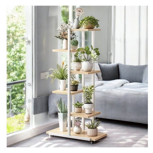 Suport pentru ghivece de flori si plante, raft modern, alb și maro, JollyMag, SZ16B, 113x60x20cm