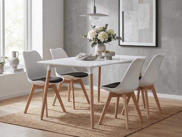 Set de dining 1 + 4, masa alba ADRIA 120x80 cm + scaun alb-negru BALI MARK cu picioare din lemn de fag