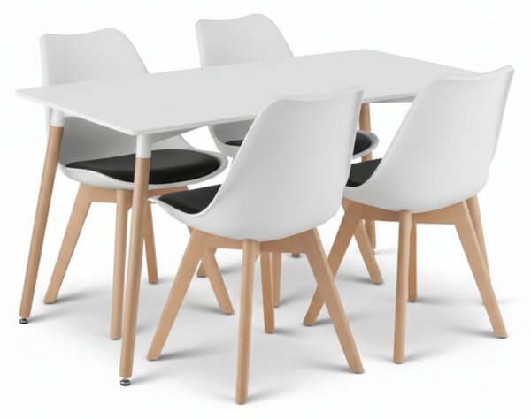 Set de dining 1 + 4, masa alba ADRIA 120x80 cm + scaun alb-negru BALI MARK cu picioare din lemn de fag