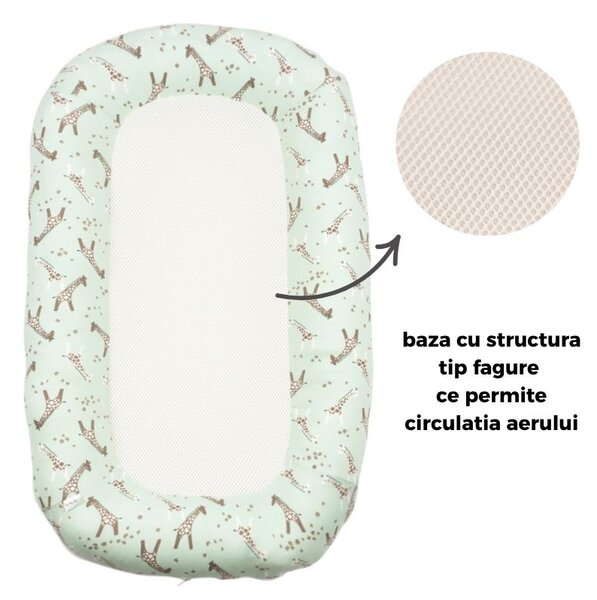 Baby nest ergonomic cu baza respirabila si husa detasabila din bumbac 100% Kidizi Airnest Giraffe