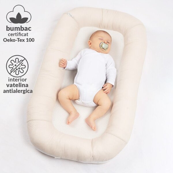 Baby nest ergonomic cu baza respirabila si husa detasabila din muselina Kidizi Airnest Natur