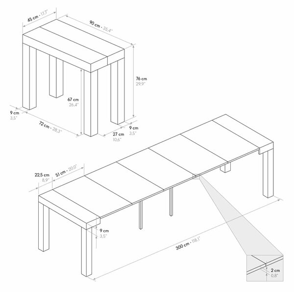 Consola extensibila tip masa ADELLE - GRI CIMENT - 300 cm/90 cm /76 cm - 12