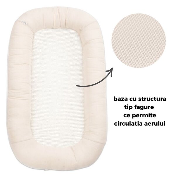 Baby nest ergonomic cu baza respirabila si husa detasabila din muselina Kidizi Airnest Natur