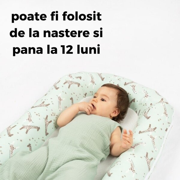 Baby nest ergonomic cu baza respirabila si husa detasabila din bumbac 100% Kidizi Airnest Giraffe