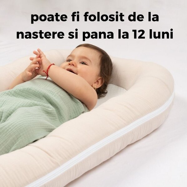 Baby nest ergonomic cu baza respirabila si husa detasabila din muselina Kidizi Airnest Natur