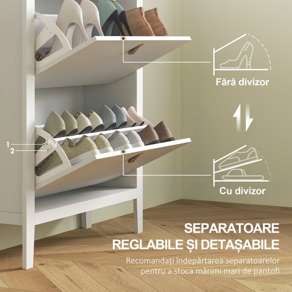 HOMCOM Pantofar cu 2 Sertare Rabatabile pentru 14 Perechi de Pantofi și Rafturi Reglabile, 80x24x95.5 cm, Alb | Aosom Romania