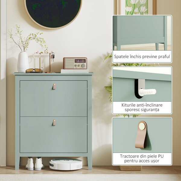HOMCOM Pantofar cu 2 Sertare Rabatabile pentru 14 Perechi de Pantofi și Rafturi Reglabile, 80x24x95.5 cm, Verde | Aosom Romania