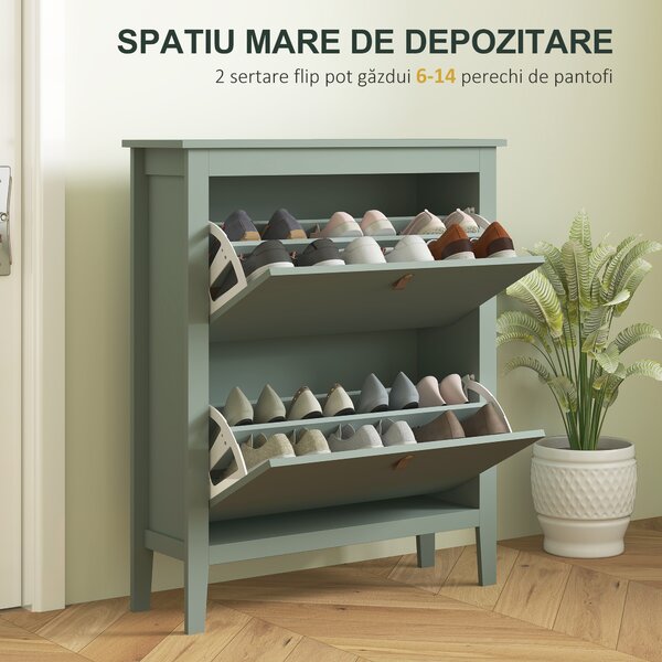 HOMCOM Pantofar cu 2 Sertare Rabatabile pentru 14 Perechi de Pantofi și Rafturi Reglabile, 80x24x95.5 cm, Verde | Aosom Romania