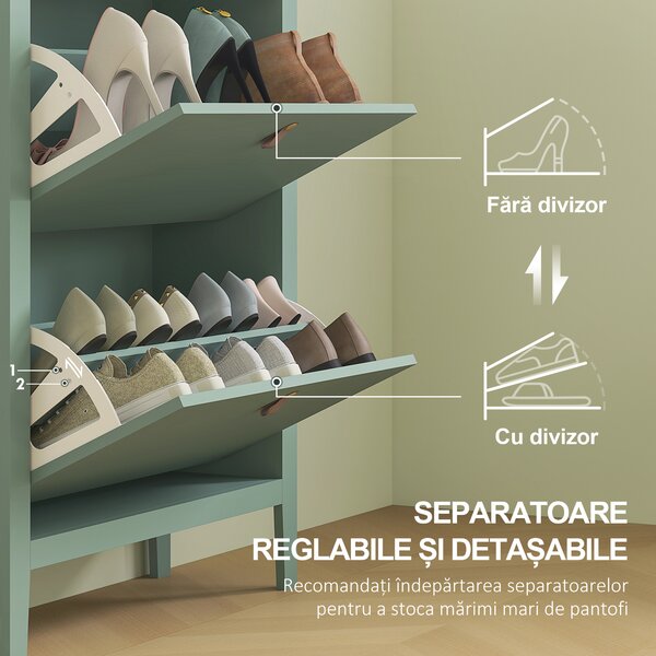 HOMCOM Pantofar cu 2 Sertare Rabatabile pentru 14 Perechi de Pantofi și Rafturi Reglabile, 80x24x95.5 cm, Verde | Aosom Romania