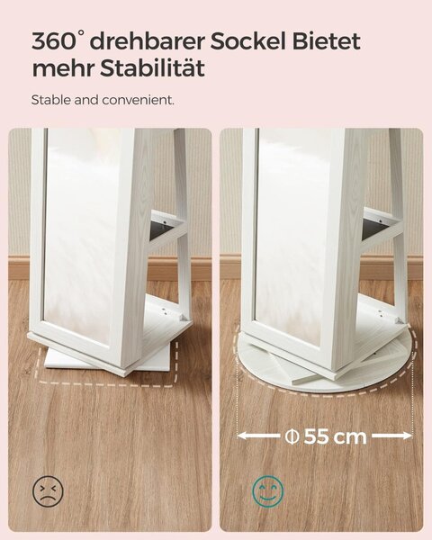 Dulap de bijuterii în picioare cu oglindă și rafturi, cu încuietor, alb 162x55x55cm