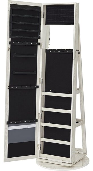 Dulap de bijuterii în picioare cu oglindă și rafturi, cu încuietor, alb 162x55x55cm