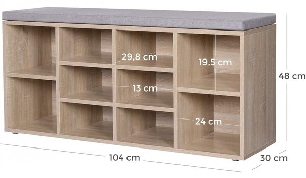 Banchetă depozitare pantofi cu 10 compartimente, natural 104x30x48cm