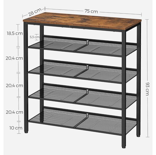 Raft depozitare pantofi cu4 rafturi din plasă metalică, maro rustic 93×75×30cm
