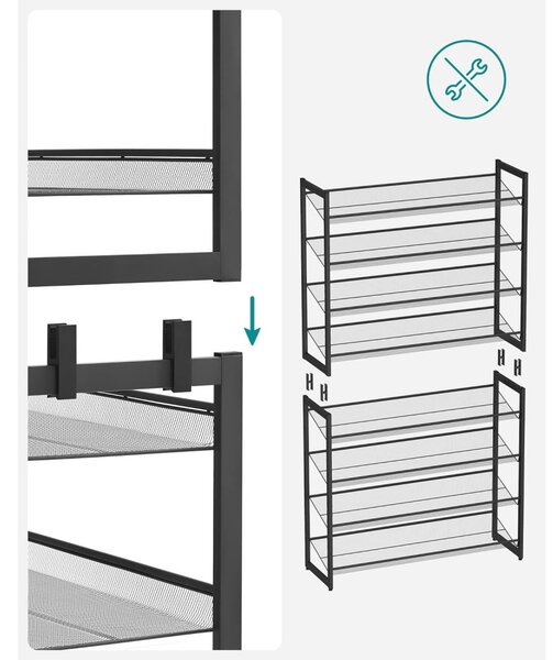 Raft depozitare pantofi 2x4 niveluri plasă metalică cu rafturi, negru 92x30x163cm