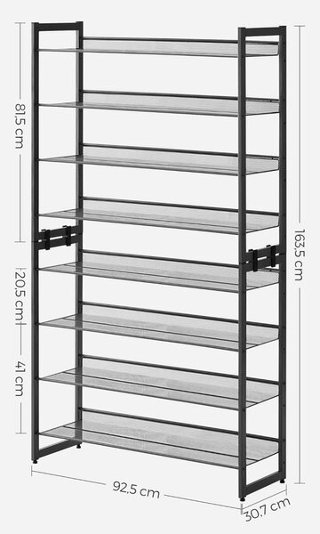 Raft depozitare pantofi 2x4 niveluri plasă metalică cu rafturi, negru 92x30x163cm