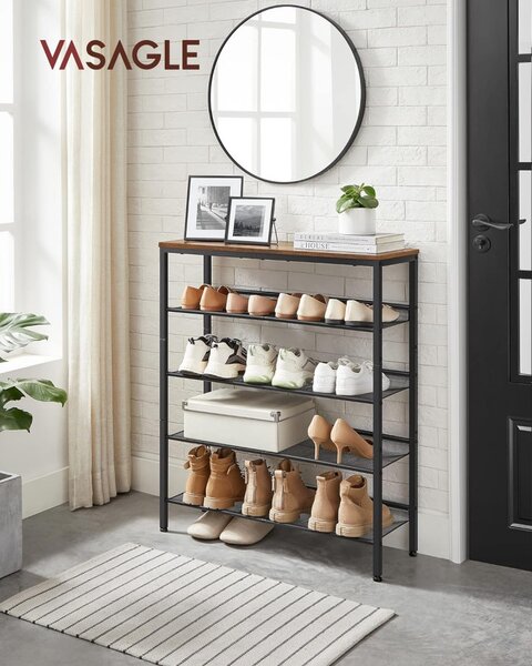 Raft depozitare pantofi cu4 rafturi din plasă metalică, maro rustic 93×75×30cm