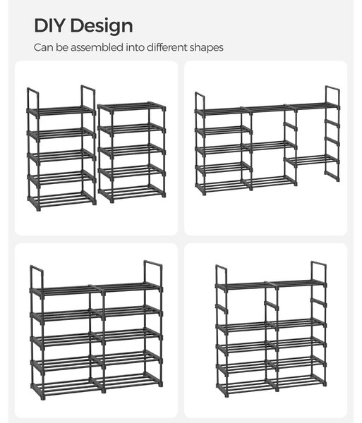 Raft depozitare pantofi cu cadru metalic cu 10 niveluri, negru 45x30x174cm