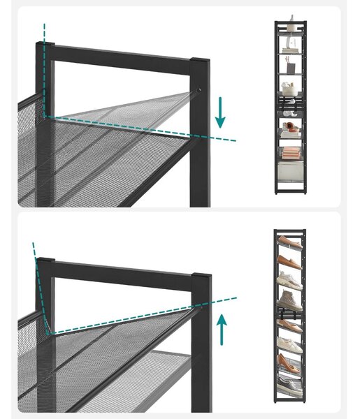 Raft depozitare pantofi 2x4 niveluri plasă metalică cu rafturi, negru 92x30x163cm