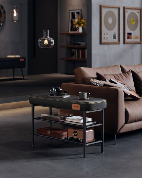 Banchetă pentru pantofi ECHO, 2 niveluri, husă din piele ecologică, neagră, 30 x 80 x 50 cm