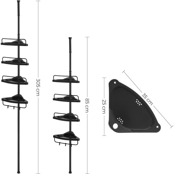 Raft colț baie reglabil, negru 85-305cm
