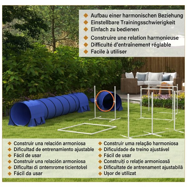 PawHut Echipament de Agilitate pentru Caini cu 7 Piese, Inel de Sărituri, Obstacol, Tuneluri, 67x63x93 cm, Albastru | Aosom Romania
