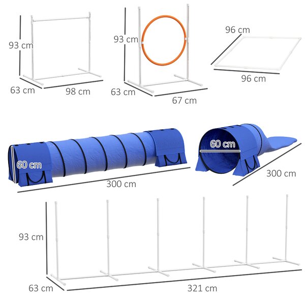 PawHut Echipament de Agilitate pentru Caini cu 7 Piese, Inel de Sărituri, Obstacol, Tuneluri, 67x63x93 cm, Albastru | Aosom Romania