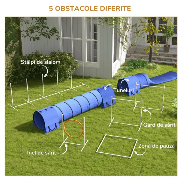 PawHut Echipament de Agilitate pentru Caini cu 7 Piese, Inel de Sărituri, Obstacol, Tuneluri, 67x63x93 cm, Albastru | Aosom Romania