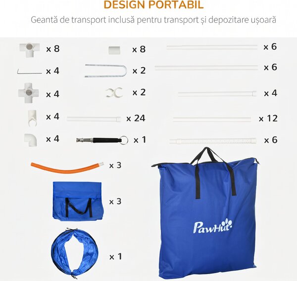 PawHut Echipament de Agilitate pentru Caini cu 7 Piese, Inel de Sărituri, Obstacol, Tuneluri, 67x63x93 cm, Albastru | Aosom Romania