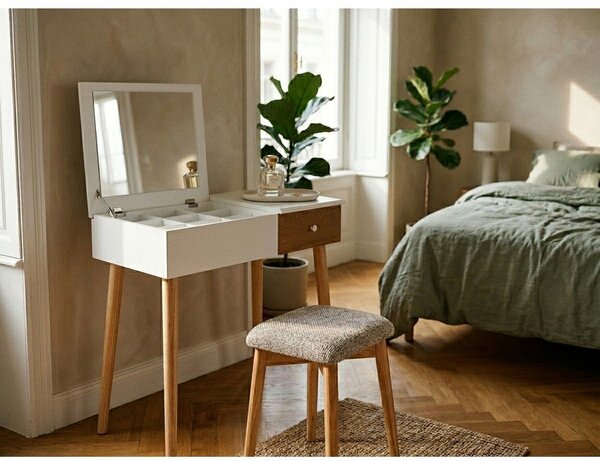 Masă de toaletă cu oglindă, cutie de bijuterii și scaun Bonami Essential Beauty, alb