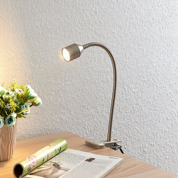 Lindby Djamila LED lampă cu clemă, nichel satinat, Gri, Studiu / Birou, Metal, Modern, Lumină de lectură